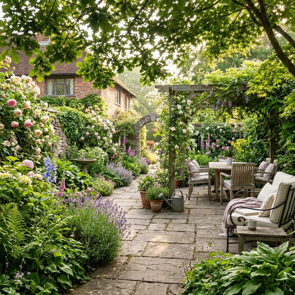 Beautiful garden patio with stone pathways and blooming flowers